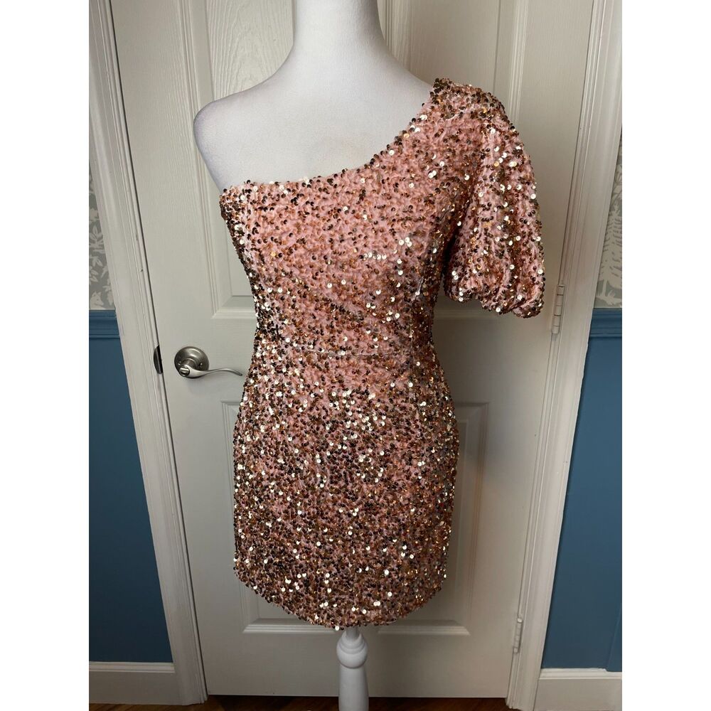 Petal + Pup Rose Gold Sequin One-Shoulder Mini Dress – Size M